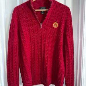 Vintage Lauren Ralph Lauren 1/4 Zip Sweater Sz L Red Crest Logo Classic Preppy
